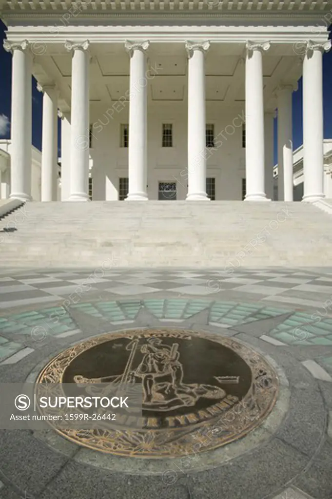 The 2007 restored Virginia State Capitol and the State Seal of Virginia, designed by Thomas Jefferson who was inspired by Greek and Roman Architecture, Richmond, Virginia
