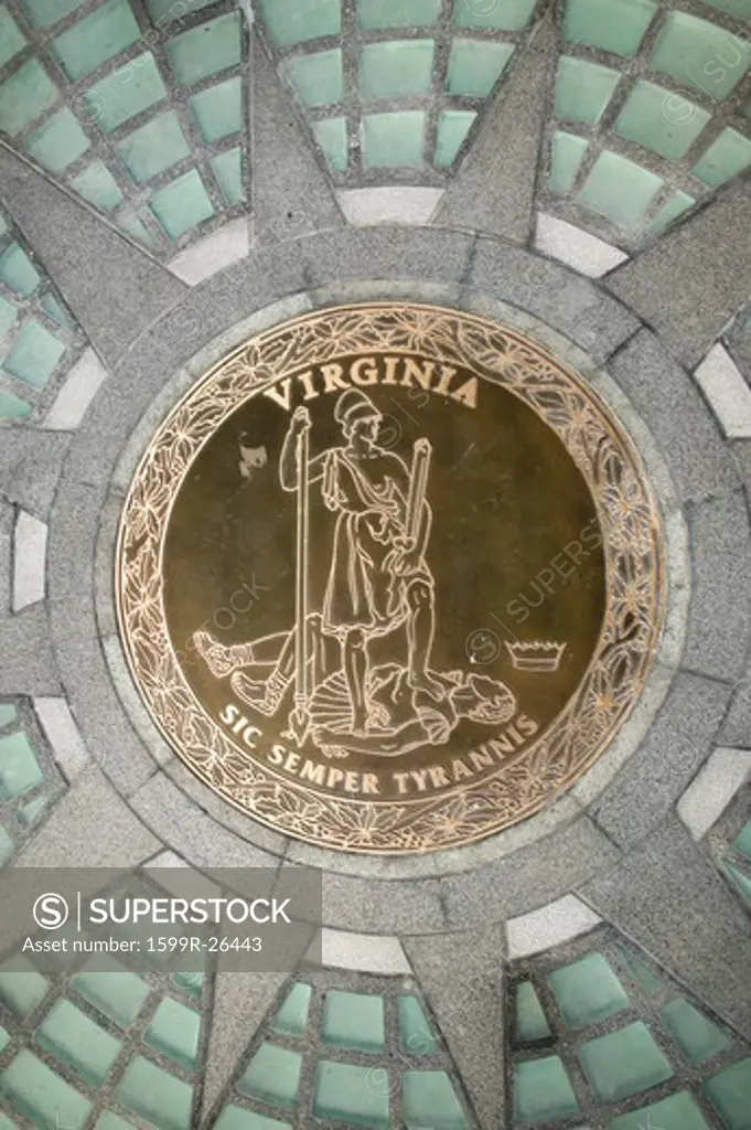 The 2007 restored Virginia State Capitol and the State Seal of Virginia, designed by Thomas Jefferson who was inspired by Greek and Roman Architecture, Richmond, Virginia