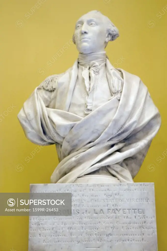 Original sculptor of Marquis de Lafayette, the American Revolutionary War hero from France, by Jean-Antoine Houdon, in restored Virginia State Capitol Rotunda, Richmond Virginia