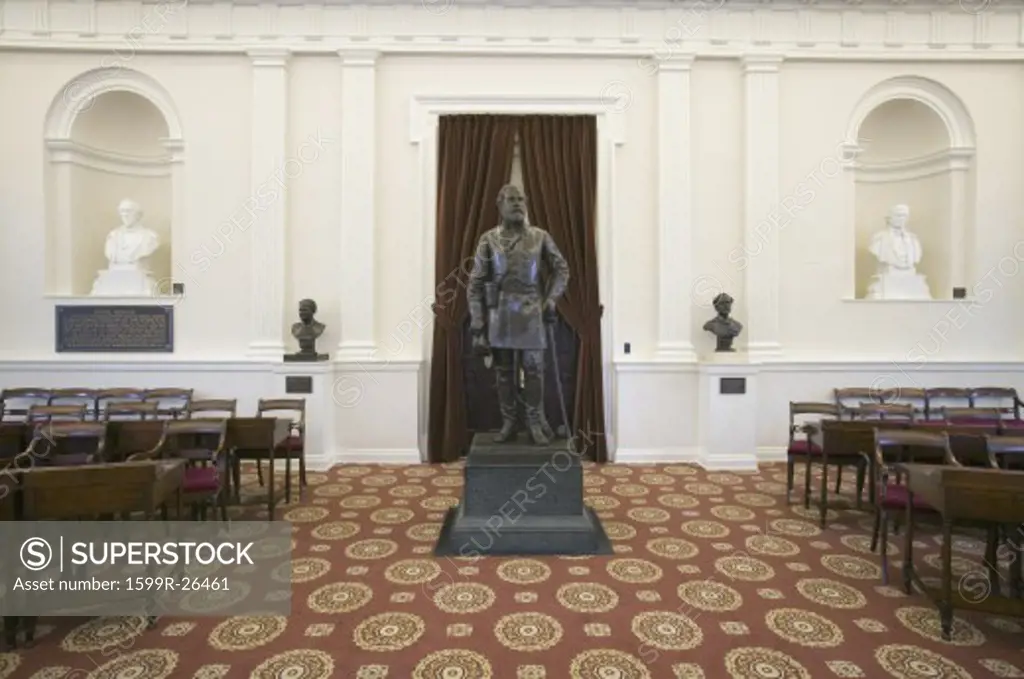 The bronze General Robert E. Lee by Rudulph Evans in the Old Hall of the House of Delegates, Virginia State Capitol, Richmond Virginia. The statue stands where Lee stood on April 23, 1861, when, at age fifty-four, he accepted command of the Confederate forces in Virginia.