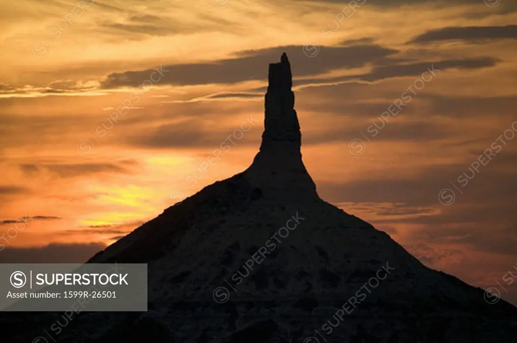 Sunset on Chimney Rock National Historic Site, Nebraska, the most famous site on the Oregon Trail for early settlers and pioneers