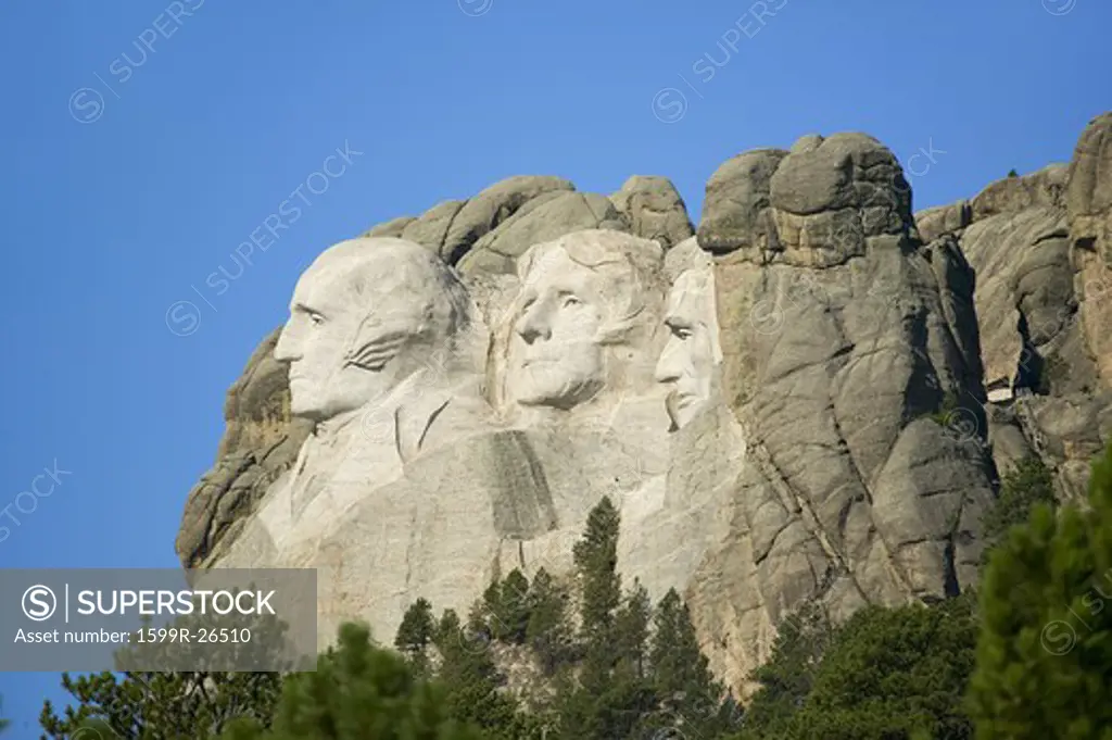 A profile of Presidents George Washington, Thomas Jefferson, Teddy Roosevelt and Abraham Lincoln at Mount Rushmore National Memorial, South Dakota