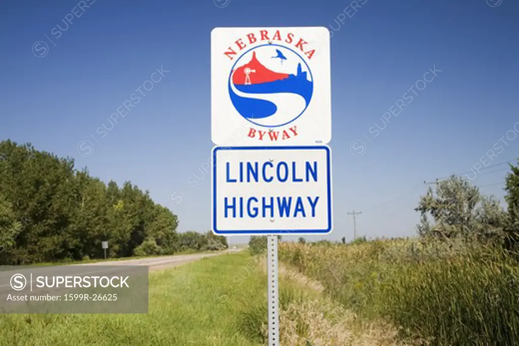 Road sign for Lincoln Highway, US 30, Nebraska Byway, America's first transcontinental highway, Nebraska