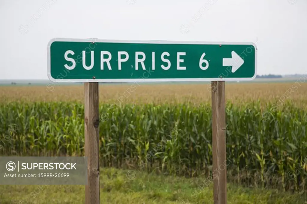 Road sign pointing to Surprise, Nebraska