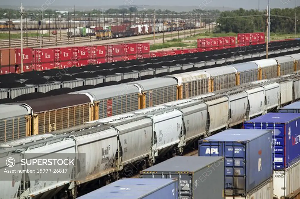 Elevated view of freight cars at Union Pacific's Bailey Railroad Yards, North Platte, Nebraska, the worlds largest classification railroad yard