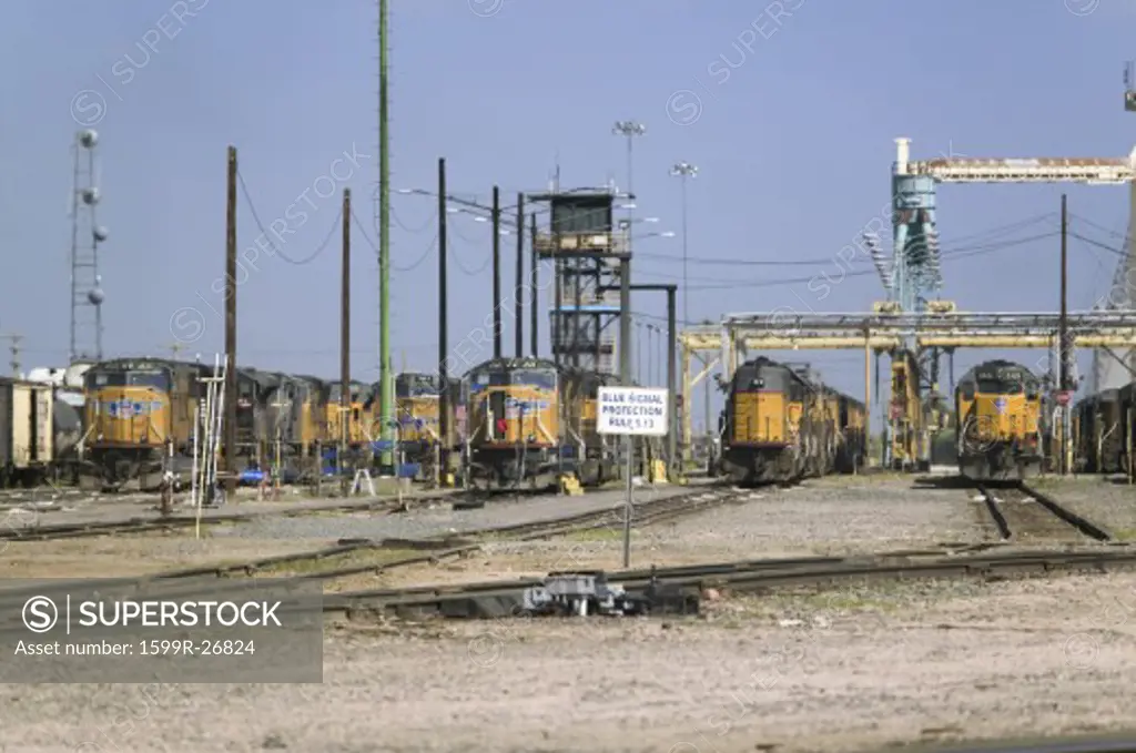 Yellow train engines at Union Pacific's Bailey Railroad Yards, North Platte, Nebraska, the worlds largest classification railroad yard