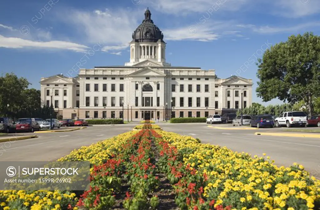 Summer flower-bed leading to South Dakota State Capitol and complex, Pierre, South Dakota, was built between 1905 and 1911