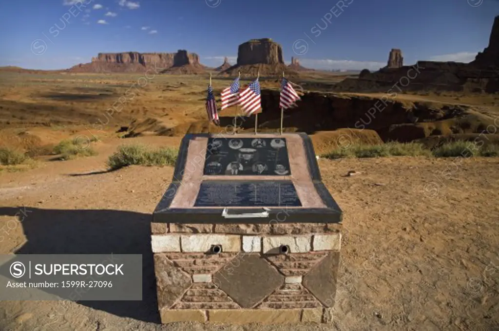 Military monument to fallen solider seen amongst red buttes of Monument Valley Navajo Tribal Park, Southern Utah near Arizona border