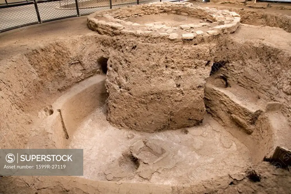 Fire pit of kiva in covered dig at Mesa Verde National Park, Southwestern Colorado