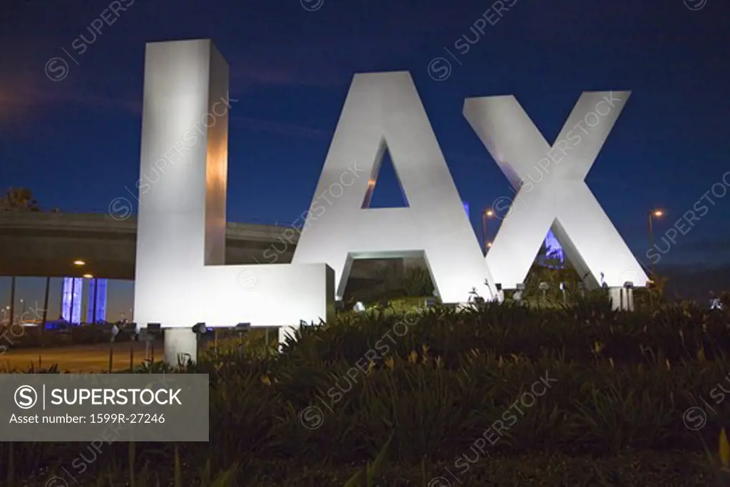 Night shot of Los Angeles International Airport sign, LAX, in Los Angeles, California
