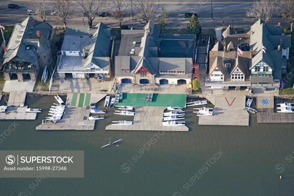 Aerial view of famous fraternity Boat House Row on Schuylkill River in Philadelphia, Pennsylvania