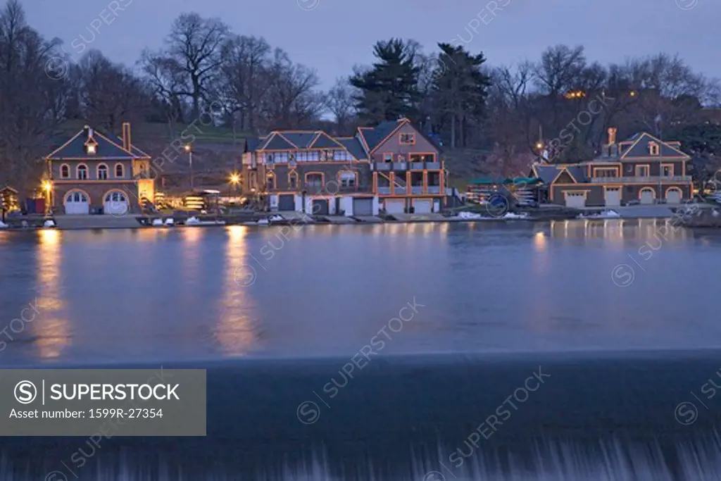 Christmas lights at dusk at the famous fraternity Boat House Row on Schuylkill River in Philadelphia, Pennsylvania