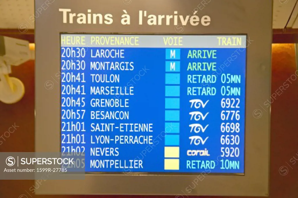 Schedule for trains arriving at Gare de Lyon Station, Paris, France