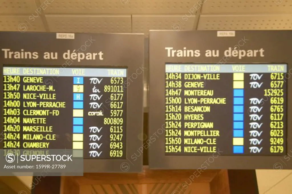 Schedule for Trains arriving at Gare de Lyone Station, Paris, France