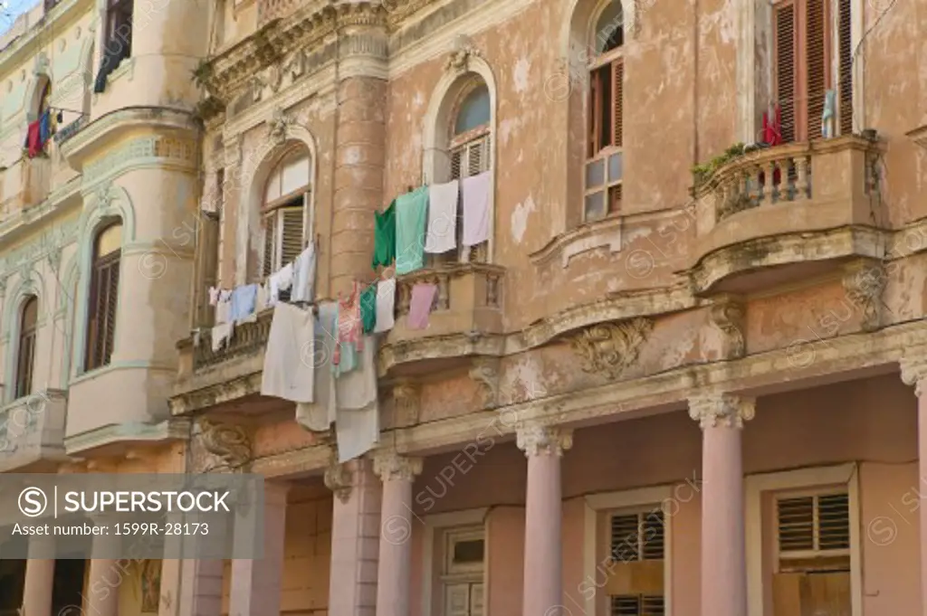 Old buildings with laundry in Old Havana, Cuba