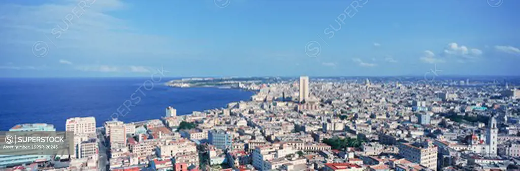 A panoramic view of Havana, Cuba with ocean