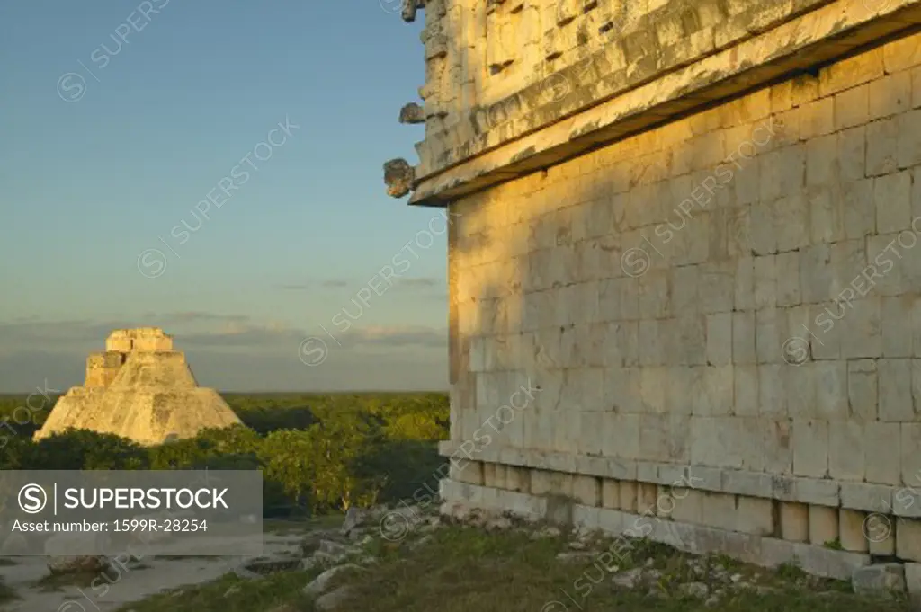 Pyramid of the Magician, Mayan ruin in the Yucatan Peninsula, Mexico at sunset
