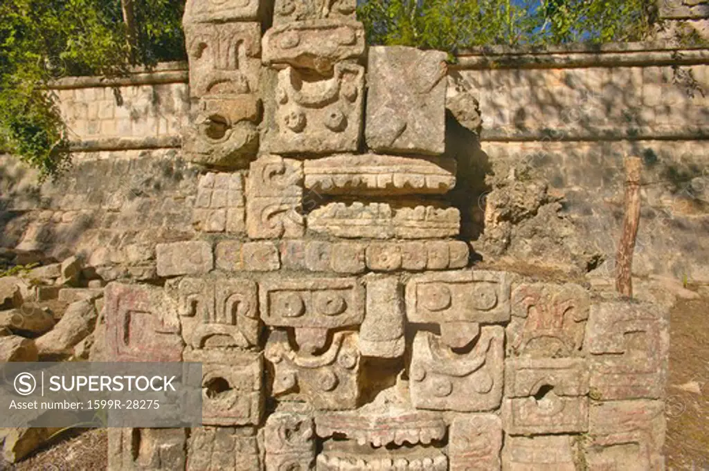 Carved stonework on the Temple of the Warriors at the ancient Mayan city of Chichen Itza, in Yucatan, Mexico