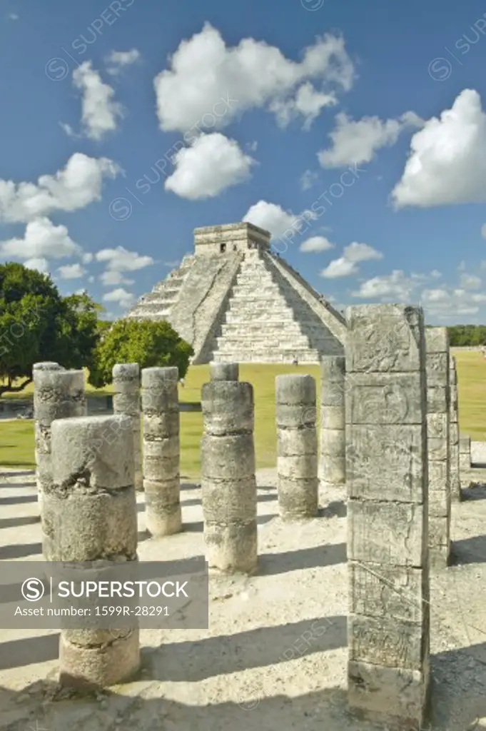 The Pyramid of Kukulkan, (also known as El Castillo), a Mayan ruin, as seen from the Thousand Columns (foreground), Chichen Itza, Mexico