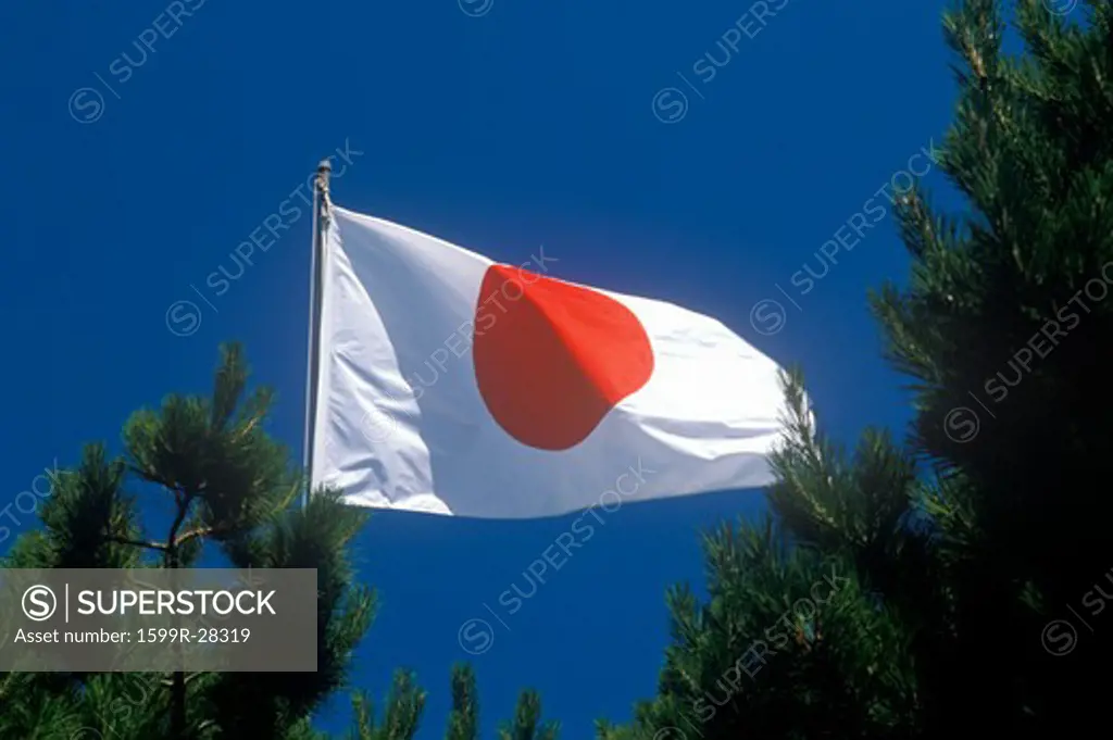 Japanese Flag flying in blue sky