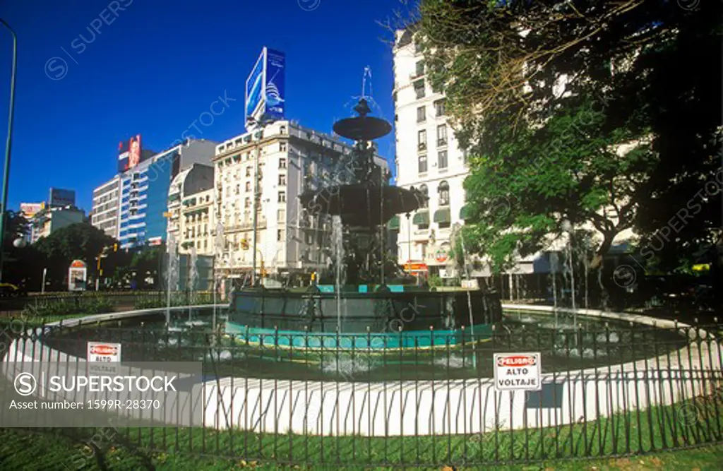 Water fountain on Avenida 9 de Julio, widest avenue in the world, Buenos Aires, Argentina