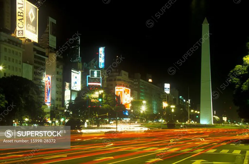 Avenida 9 de Julio, widest avenue in the world, and El Obelisco, The Obelisk at night, Buenos Aires, Argentina