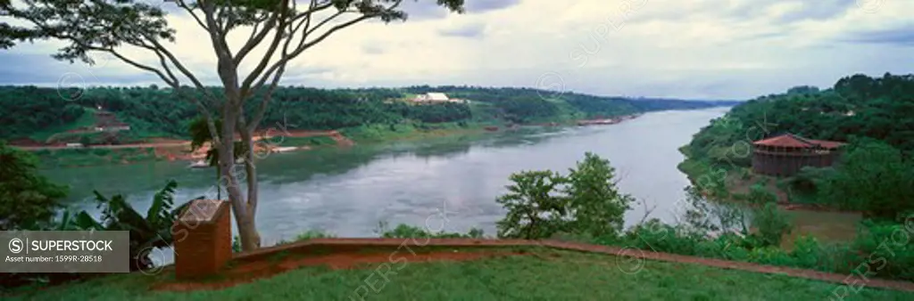Panoramic view of confluence of Iguazu and Parava Rivers at borders of Chile, Brazil and Argentina