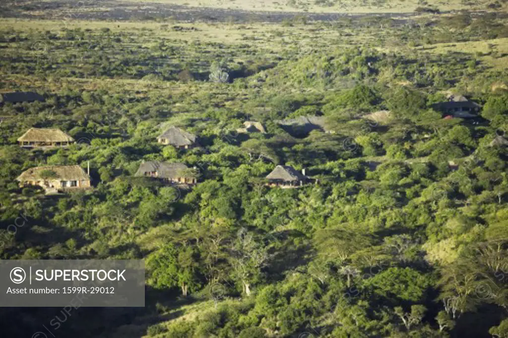 Aerial photos of overlooking Lewa Conservancy and lodging in Kenya, Africa