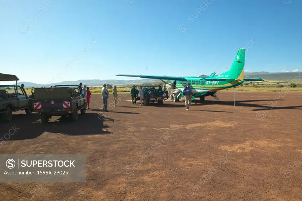 Airplane on landing strip in Lewa Conservancy in Kenya, Africa
