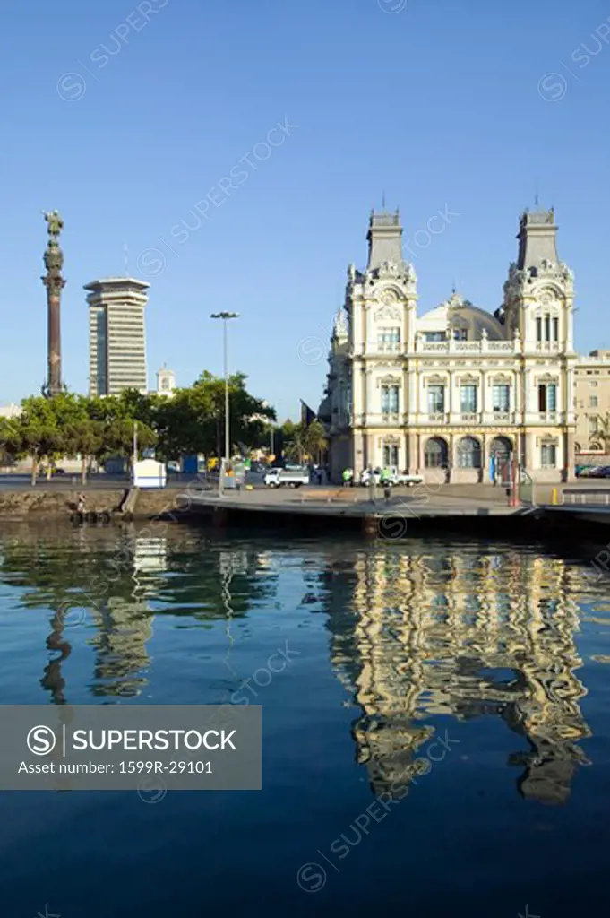 Morning water reflections of building at Port Vell, Old Harbor, Barcelona, Spain