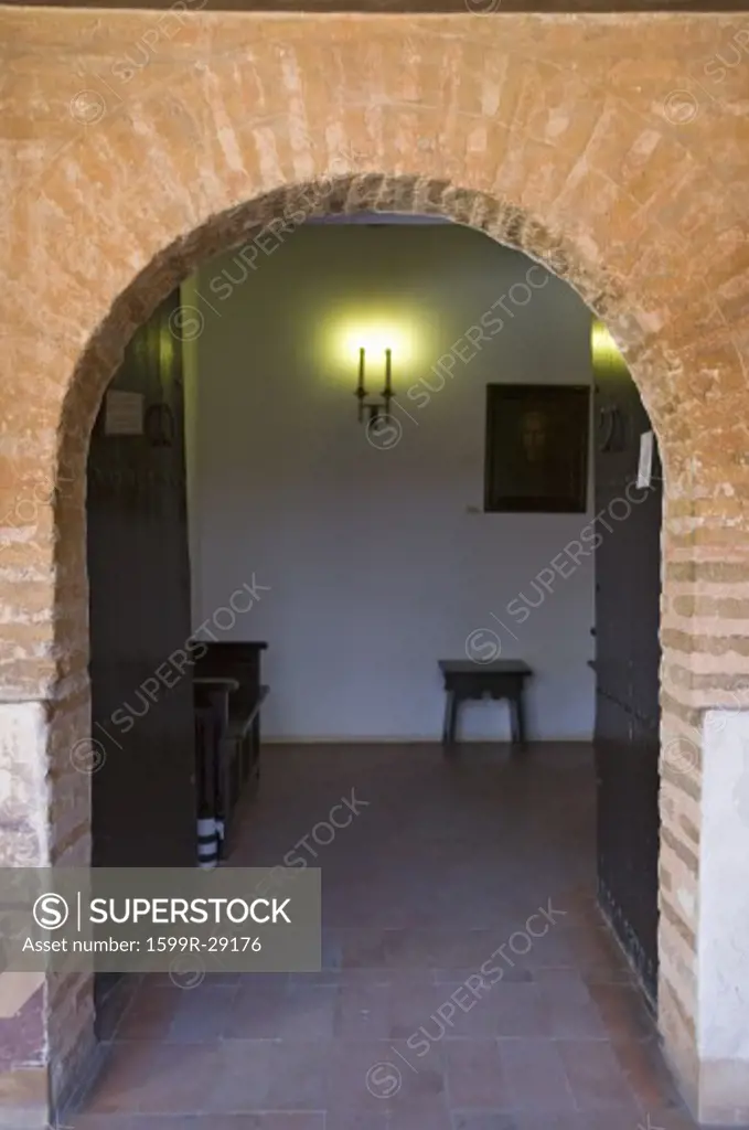 The view into the conference hall where Christopher Columbus and Franciscans met and prayed, the Birthplace of America, at the 15th-century Franciscan Monasterio de Santa María de la Rábida, Palos de la Frontera, the Huelva Provence of Andalucia and Southern Spain, the site where Christopher Columbus planned and departed from the Old World to the New World in August 3 of 1492