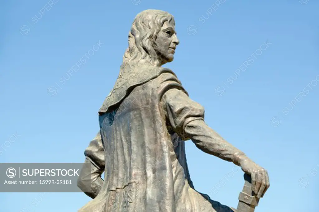 Statue of Diego Columbus, son of Christopher Columbus, at 15th-century Franciscan Monasterio de Santa María de la Rábida, Palos de la Frontera, the Huelva Provence of Andalucia and Southern Spain, the site where Christopher Columbus planned and departed from the Old World to the New World in August 3 of 1492