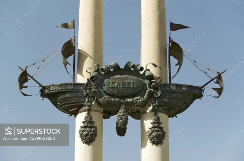 Columbus' monument - Monumento a Colón, shows a detail of Columbus' ship the Santa Maria with the name Isabel for the Queen Isabella, Sevilla, Spain, was commissioned in 1911 by King Alfonso XIII