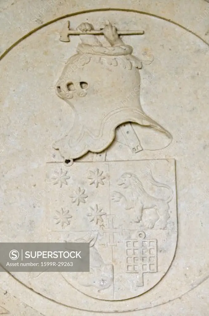 Detail of Knight in stone on wall of Templar Castle and the Convent of the Knights of Christ, founded by Gualdim Pais in 1160 AD, is a Unesco World Heritage Site in Tomar, Portugal