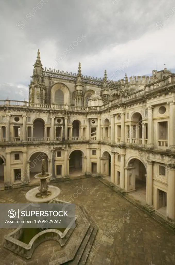 Fountain in courtyard of Convent of the Knights of Christ and the Templar Castle, founded by Gualdim Pais in 1160 AD, is a Unesco World Heritage Site in Tomar, Portugal