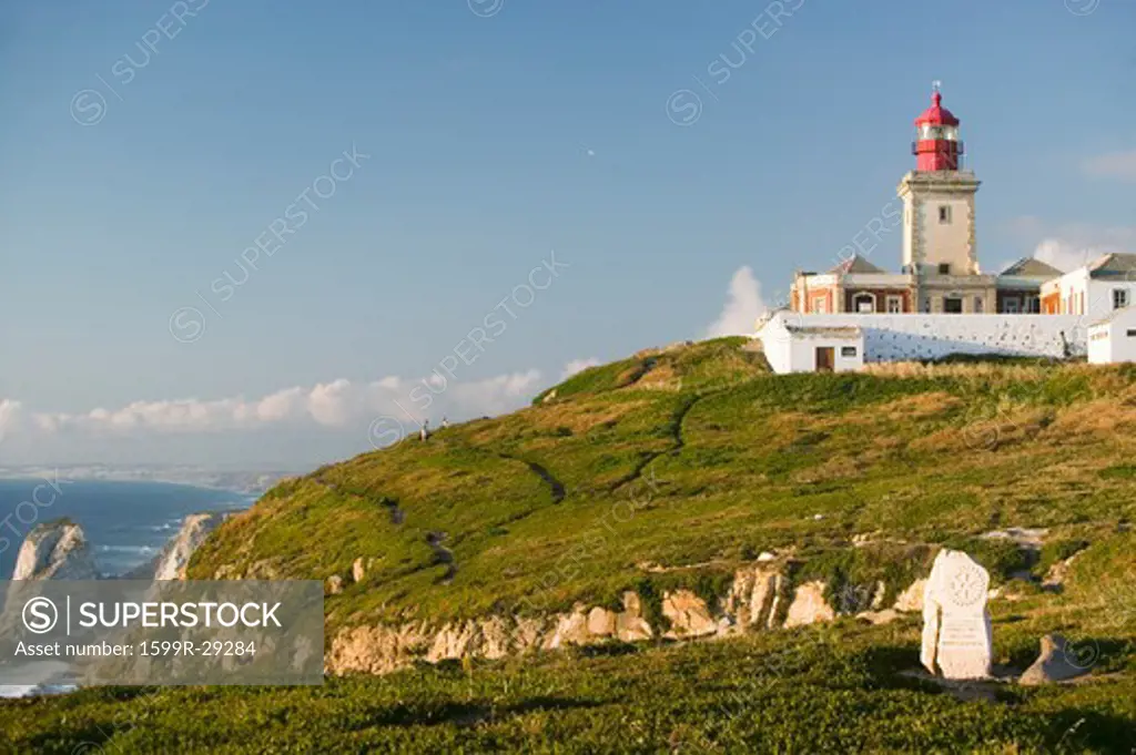 The lighthouse on Cabo da Roca on the Atlantic Ocean in Sintra, Portugal, the westernmost point on the continent of Europe, which the poet Camões defined as ''where the land ends and the sea begins''.