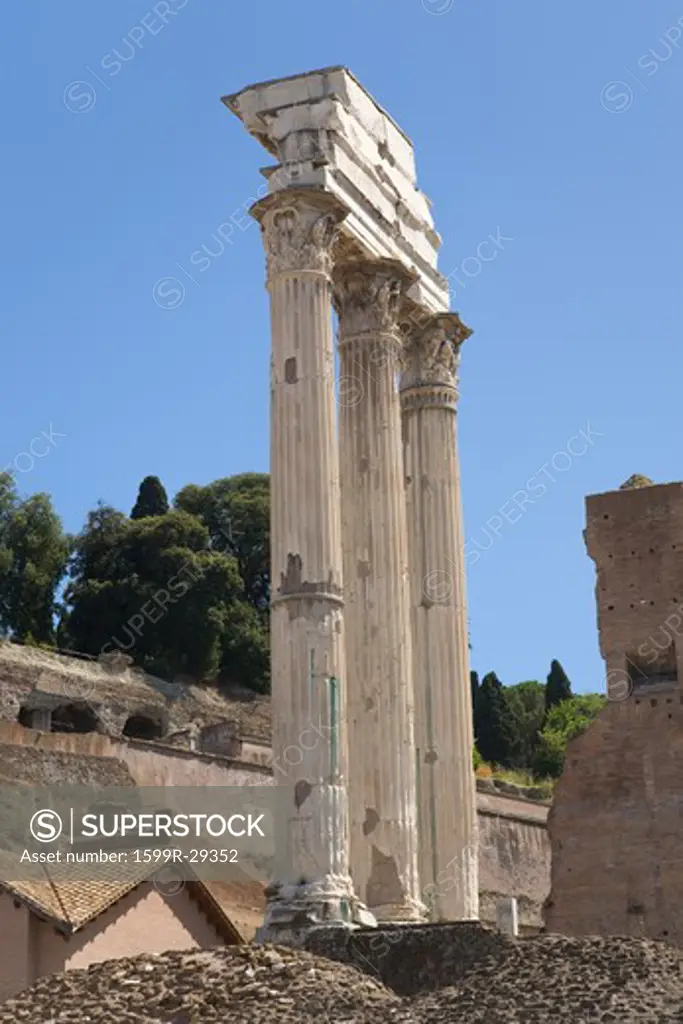 Temple of Castor & Pollux at Roman Forum seen from the Capitol, ancient Roman ruins, Rome, Italy, Europe