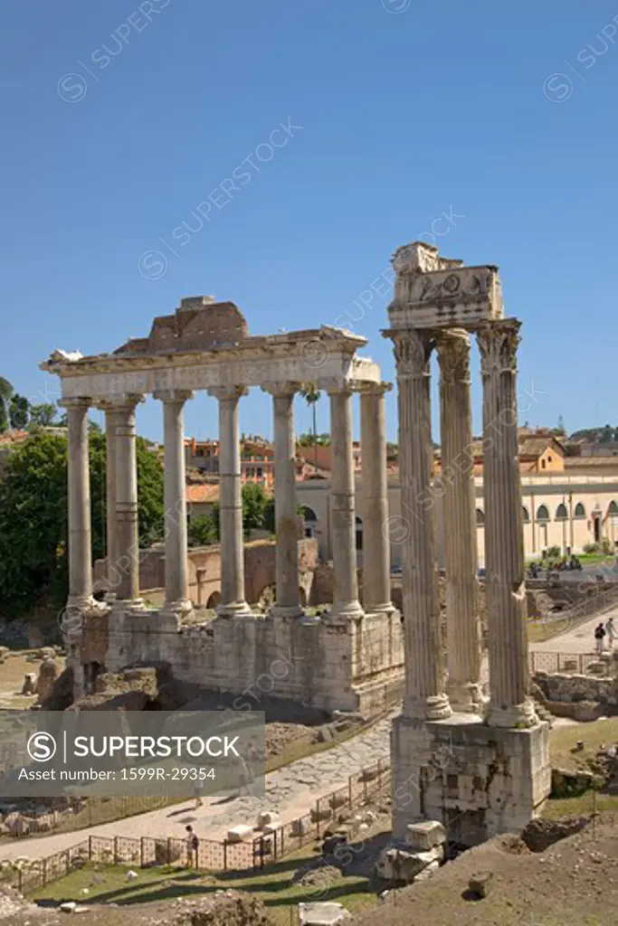 Temple of Saturn and Temple of Vespasian at Roman Forum seen from the Capitol, ancient Roman ruins, Rome, Italy, Europe