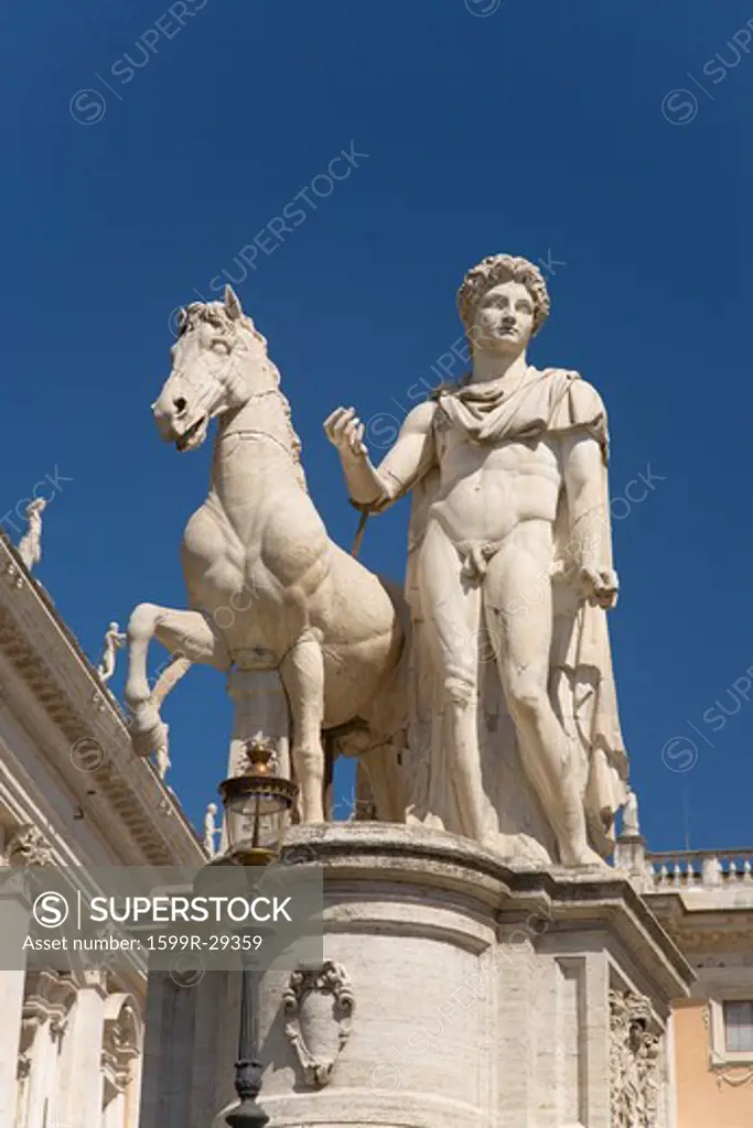Statue of Pollux in front of the Senatorio Palace in the Piazza del Campidoglio at the top of Capitoline Hill in Rome, Italy, Europe