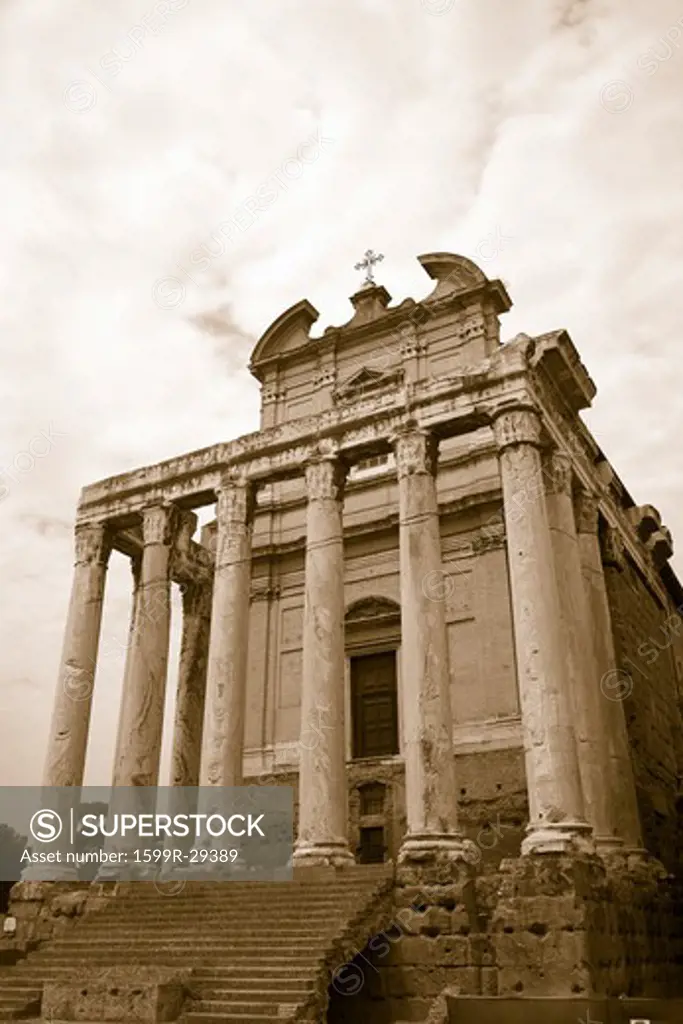 Sepia image of Temple of Antoninus and Faustina built in 141 AD, at the Roman Forum, Rome, Italy, Europe