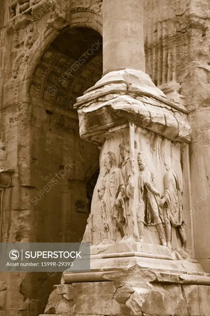 Detail shot of Triumphal Arches, Arch of Septimius Severus, Roman Forum, Rome, Italy, Europe