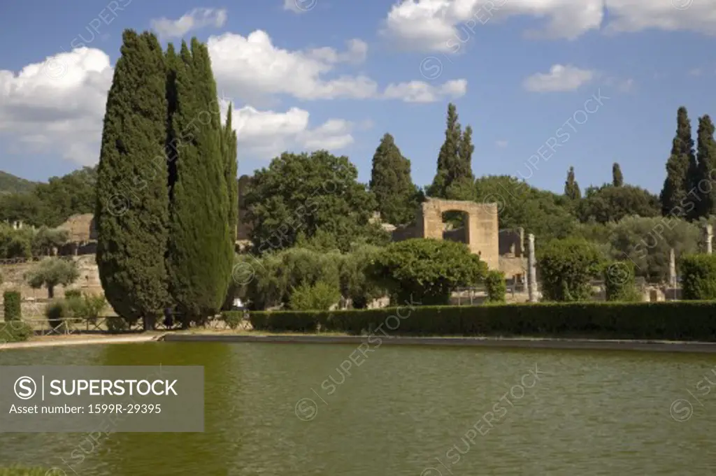 Lake view of Hadrian's Villa, the Roman Emperor's 'Villa', erected in 118 and 138 AD on 150 acres. It was built by Rome's greatest builder, who was inspired by the Greeks and artists of all kind. Publius Aelius Hadrianus built  ''Villa of Hadrian'' Tivoli, outside of Rome, Italy, Europe