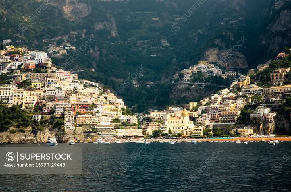 Elevated view of Amalfi, a town in the province of Salerno, in the region of Campania, Italy, on the Gulf of Salerno, 24 miles southeast of Naples