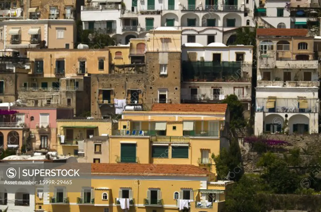 Tight shot of the buildings of Amalfi, a town in the province of Salerno, in the region of Campania, Italy, on the Gulf of Salerno, 24 miles southeast of Naples