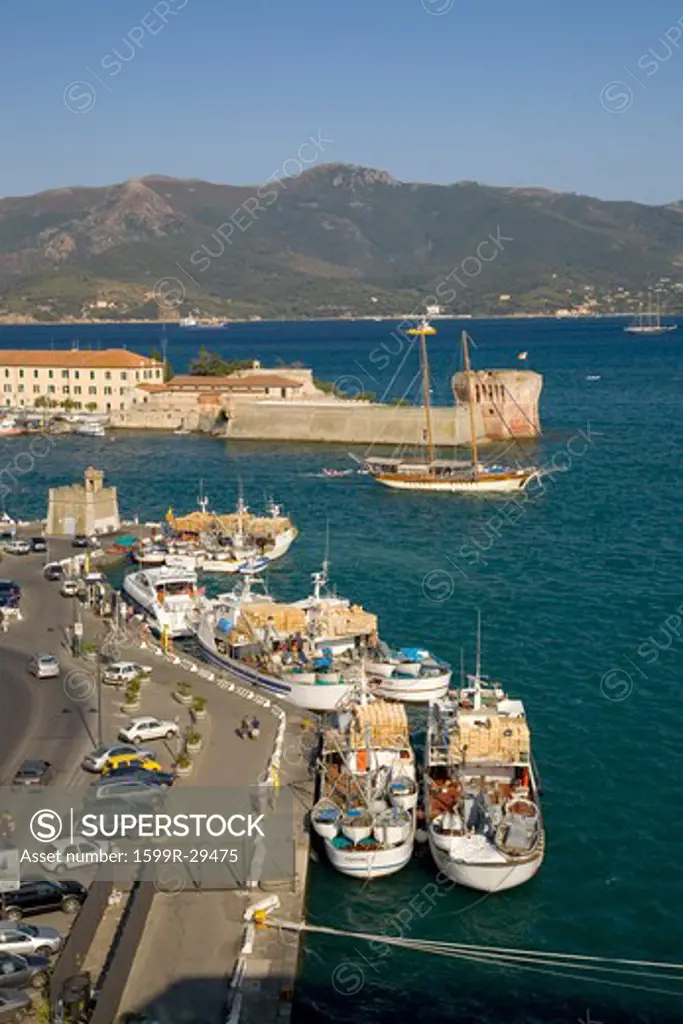 Elevated view of harbor of Portoferraio, Province of Livorno, on the island of Elba in the Tuscan Archipelago of Italy, Europe, where Napoleon Bonaparte was exiled in 1814