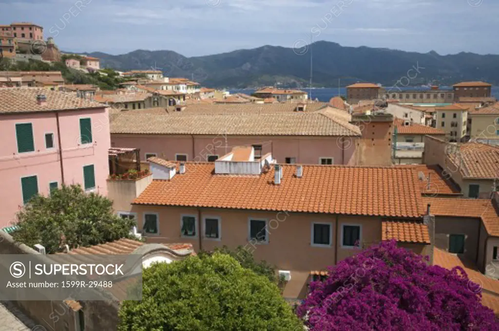 Red tile rooftops of Portoferraio, Province of Livorno, on the island of Elba in the Tuscan Archipelago of Italy, Europe, where Napoleon Bonaparte was exiled in 1814