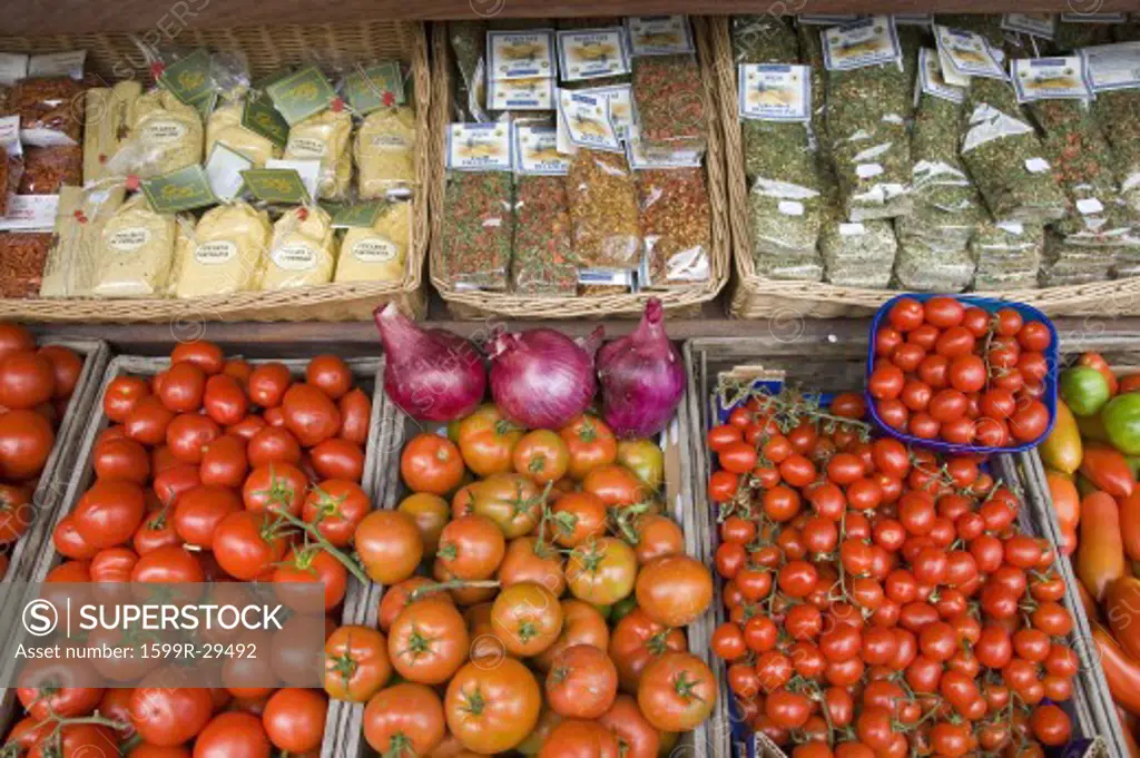 Vegetables for sale in Portoferraio, Province of Livorno, on the island of Elba in the Tuscan Archipelago of Italy, Europe