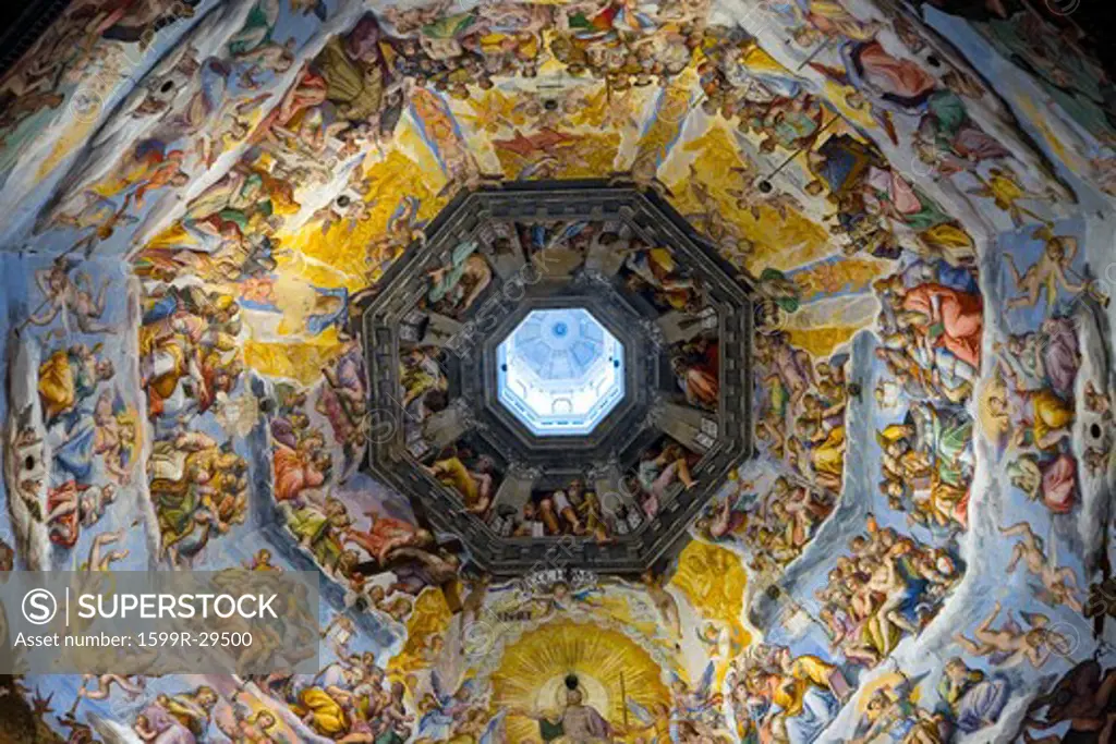 Interior view of Last Judgment Fresco Cycle in dome of Cathedral of Santa Maria del Fiore, The Duomo, Florence, Italy, Europe