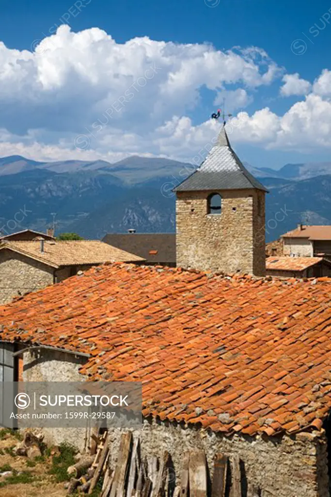 Old church tower in Cal Rill medieval village in Pyrenees Mountains, near La Seu d'Urgell, Cataluna, and Ansovell, province of Lleida, off N-260 Road, Spain, Europe