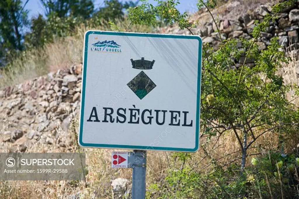 Road sign for Arseguel, in Pyrenees Mountains, near La Seu d'Urgell, Cataluna, province of Lleida, off N-260 Road, Spain, Europe